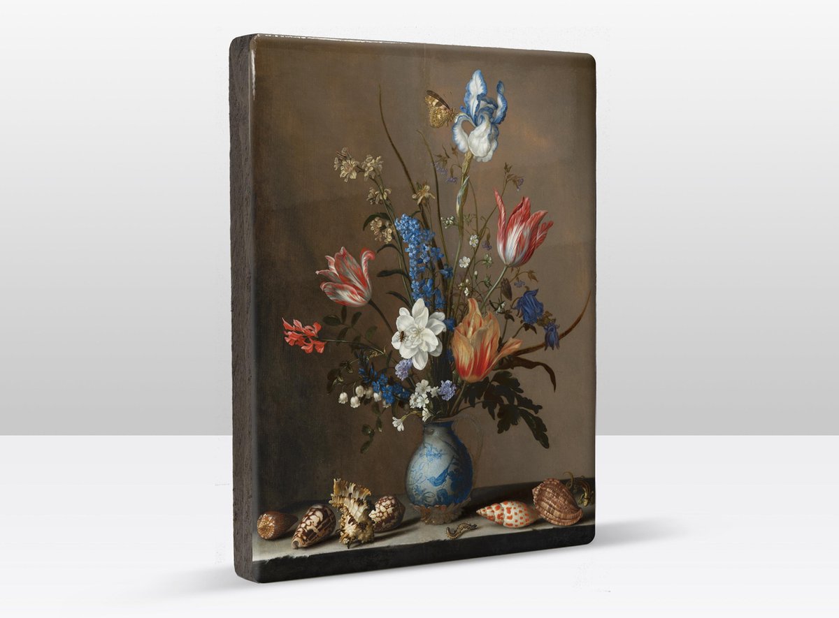Bloemen in een Wan-Li vaas met schelpen - Balthasar van der Ast - 19,5 x 26 cm - Niet van echt te onderscheiden schilderijtje op hout - Mooier dan een print op canvas - Laqueprint.