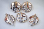 Set diverse vogel kerstballen, 5 stuks: circa. 3 x Ø 10 cm. Brons, kunststof