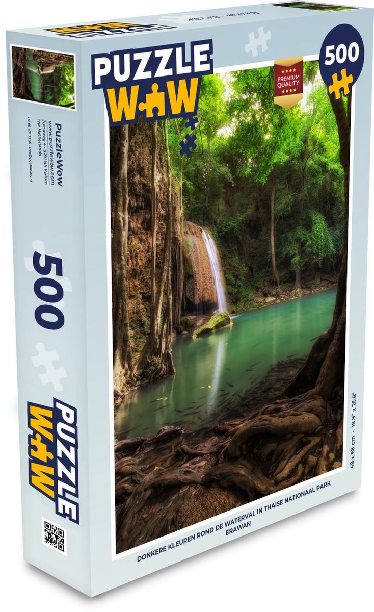 Afbeelding van product Puzzel 500 stukjes Nationaal park Erawan - Donkere kleuren rond de waterval in Thaise nationaal park Erawan - PuzzleWow heeft +100000 puzzels