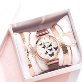 Horloge Vlinders Dames - Bohemian Armbandenset - Dames Sieraden - Roze met Zwart