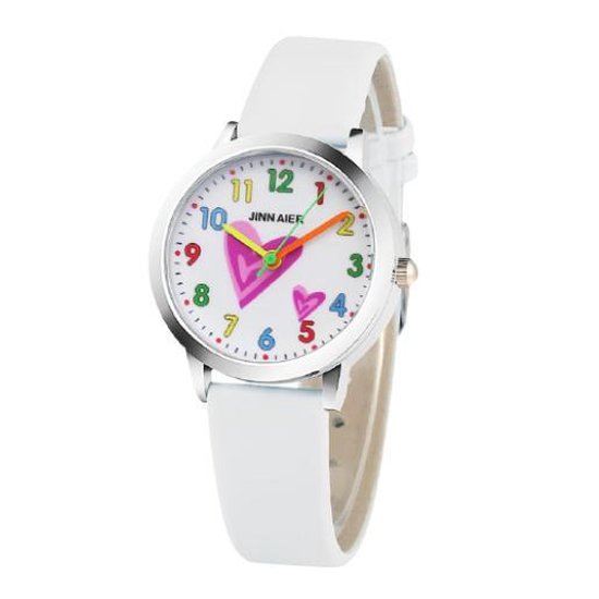 Meisjes horloge met hartjesafbeelding en wit leer bandje