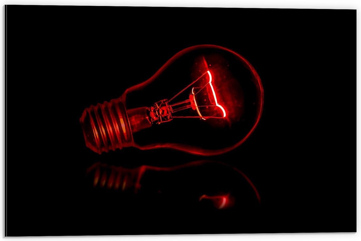 Dibond - Rode Gloeilamp op Zwarte Achtergrond - 60x40cm Foto op Aluminium (Wanddecoratie v