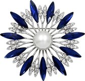 Fako Bijoux® - Broche - Bloem - Ster - Kristal - Blauw - Ø 50mm - Zilverkleurig