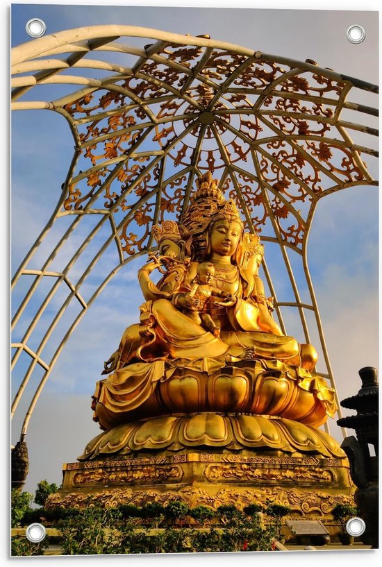 Tuinposter – Groot Goud Boeddha Standbeeld - 40x60cm Foto op Tuinposter  (wanddecoratie voor buiten en binnen)
