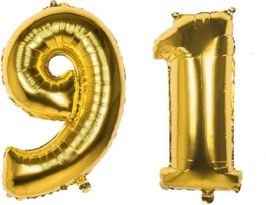 91 Jaar Folie Ballonnen Goud - Happy Birthday - Foil Balloon - Versiering - Verjaardag - Man / Vrouw - Feest - Inclusief Opblaas Stokje & Clip - XXL - 115 cm
