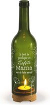 Moederdag - Wijnfles met waxinelichtje - Jij bent de gezelligste en liefste Mama van de hele wereld - In cadeauverpakking met gekleurd lint