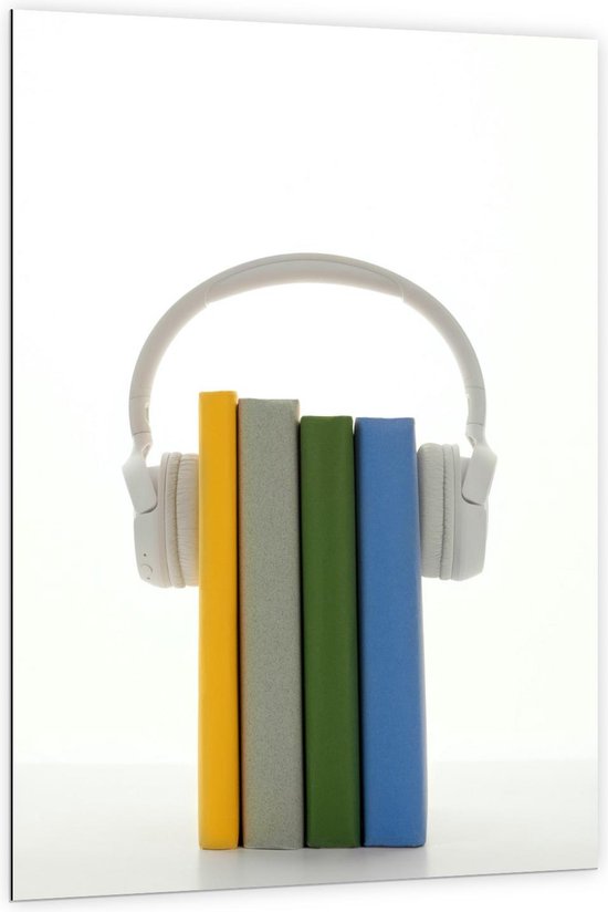 Dibond - Witte Koptelefoon op Gekleurde Boeken - 100x150cm Foto op Aluminium (Wanddecoratie van metaal)