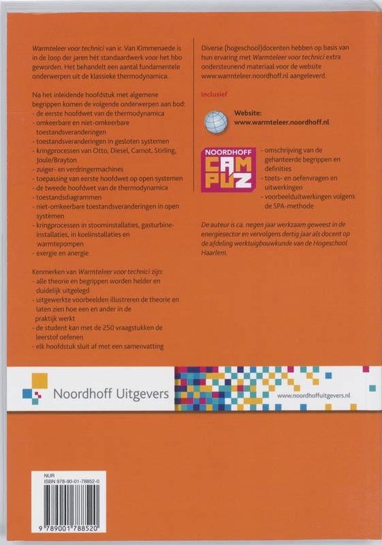 Boekomslag van 'Warmteleer voor technici' met tekst en een logo van Noordhoff Uitgevers.