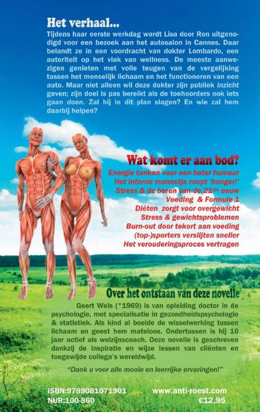 Twee anatomische modellen, man en vrouw, staan in een landschap. Tekst: Het verhaal... Wat komt er aan bod? Over het ontstaan van deze novelle.