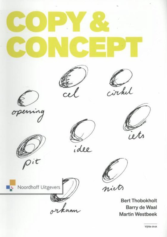 Boek "COPY & CONCEPT" met handgeschreven termen zoals "opening", "pit", "orkaan", "idee", "cel", "cirkel", "iets", "niets".