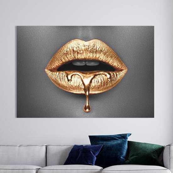 Peinture sur toile - Golden Lips CloseUp - 75 x 100 cm - PosterGuru.nl