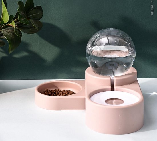 Drinkbak en voerbak - luxe design! - automatische water dispenser - voor kat en kleine hond - (excl. Rvs bakje) roze