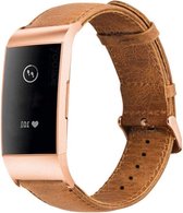 Leer Smartwatch bandje - Geschikt voor  Fitbit Charge 3 leren bandje met rosé gesp - bruin - Horlogeband / Polsband / Armband
