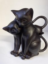 Katten beelden  2 zwarte  verliefde katjes met krulstaarten van Slijkhuis 17x20x12 cm