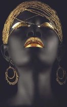 Glasschilderij Vrouw Gezicht  'Abstract Goud & Zwart' - 80 x 120 - foto print op glas - zwart en goud - woonkamer / slaapkamer