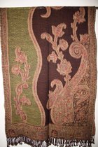 1001musthaves.com Wollen dames sjaal in chocolade bruin met mosgroen met meerkleurig fijn borduurwerk 70 x 180 cm