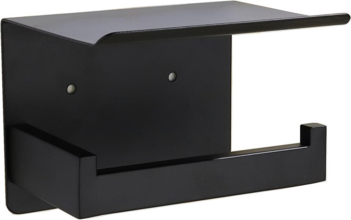 VDN Stainless Toiletrolhouder Zwart - WC Rolhouder - Toiletrolhouder met plankje - Toiletpapier houder - Zonder Boren - Zelfklevend