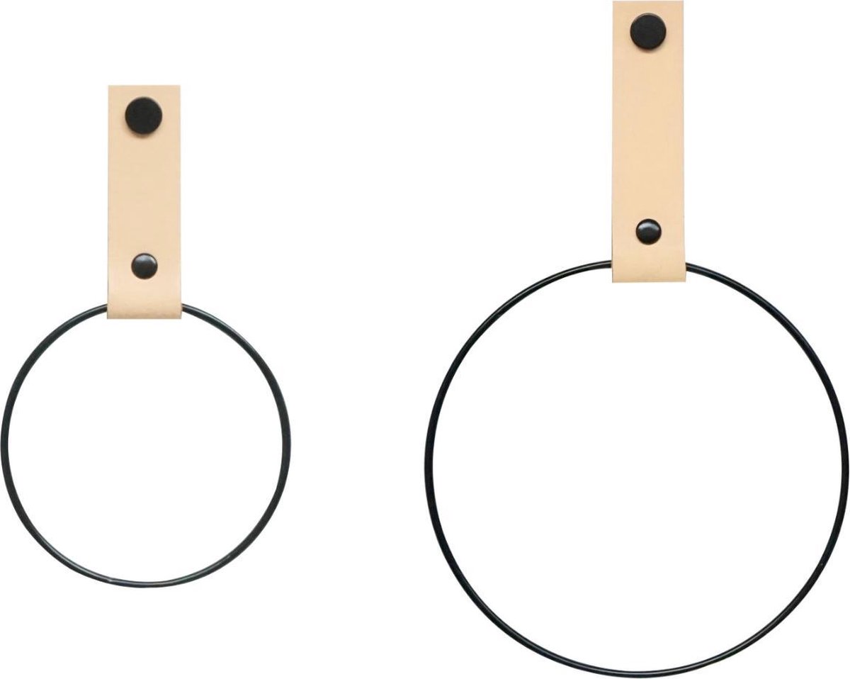 SETPRIJS! 2x Leren Handdoekring | NATUREL - maat S + M (handdoekhanger - handdoekhaakje)