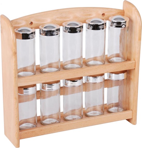 Support de cuisine / étagère à épices en bois pratique - Comprend 10 bocaux  en verre -... | bol.com