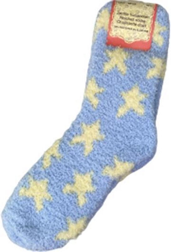 Super Soft huissokken STER - Warme fluffy sokken - Lichtblauw / Geel - Maat 39 - 40 - 2 paar