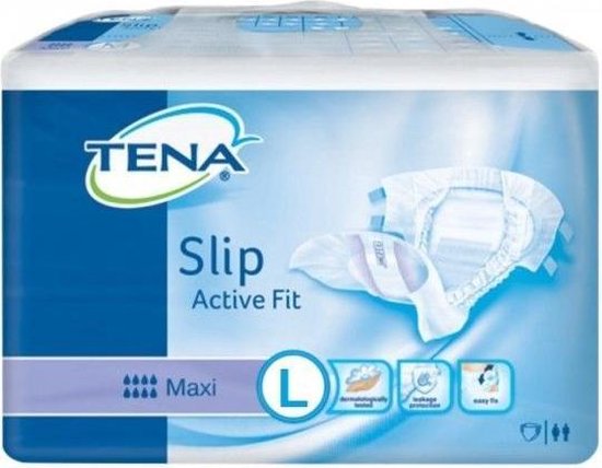 Verpakking TENA Slip Active Fit Maxi, maat L, met pictogrammen voor dermatologisch getest en gemakkelijke pasvorm.