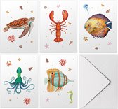 10 blanco wenskaarten zeedieren - kaartenset met envelop - zonder tekst - dubbelgevouwen kaarten in luxe doosje - A6 formaat - illustraties handgeschilderd door Mies