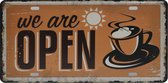 Wandbord – We are open – Geopend - Vintage - Retro -  Wanddecoratie – Reclame bord – Restaurant – Kroeg - Bar – Cafe - Horeca – Metal Sign – 15x30cm