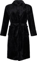 Kinderbadjas fleece - capuchon badjas kind - zwart - ochtendjas flanel fleece - maat XL (152/158)