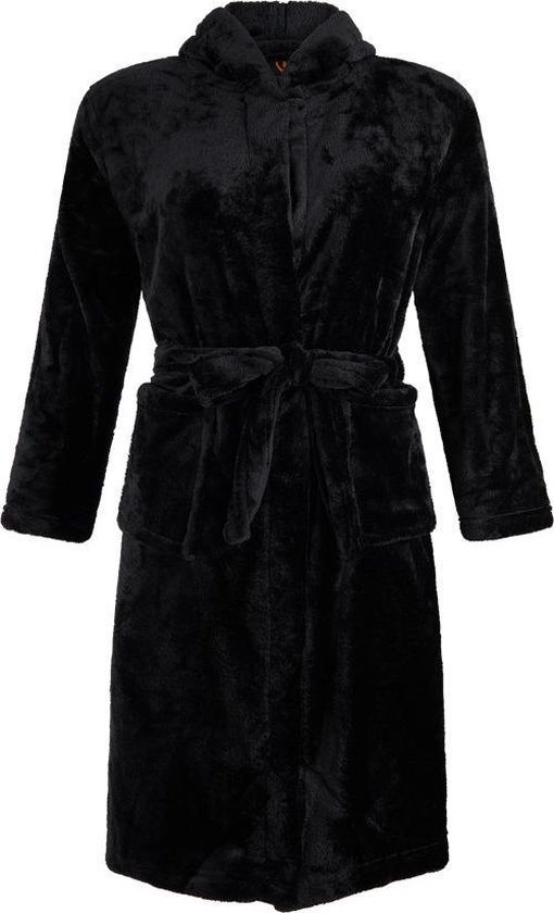Kinderbadjas fleece - capuchon badjas kind - zwart - ochtendjas flanel fleece - maat XL (152/158)