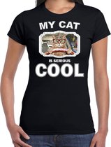 Rijdende kat katten t-shirt my cat is serious cool zwart - dames - katten / poezen liefhebber cadeau shirt L