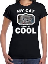 Grijze kat katten t-shirt my cat is serious cool zwart - dames - katten / poezen liefhebber cadeau shirt L