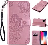 Leren bookcase iPhone 12 / iPhone 12 Pro - uil / bloemen - rosé goud