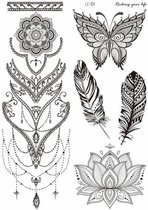 Temporary tattoo | tijdelijke tattoo | fake tattoo | veren - bloemen - juwelen - vlinder | 150 x 210 mm