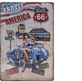 Wandbord – Travel through America – Route 66 - Vintage - Retro -  Wanddecoratie – Reclame bord – Restaurant – Kroeg - Bar – Cafe - Horeca – Metal Sign – 20x30cm
