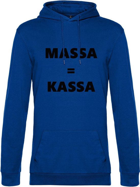 Hoodie met opdruk “Massa is kassa” Blauwe hoodie met zwarte opdruk – Goede pasvorm, fijn draag comfort