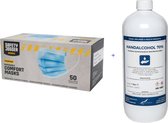 3 Laags Mondkapje - 50 stuks - Licht Blauw + Hand Alcohol Spray 70% Gedenatureerd met dop - 1 liter