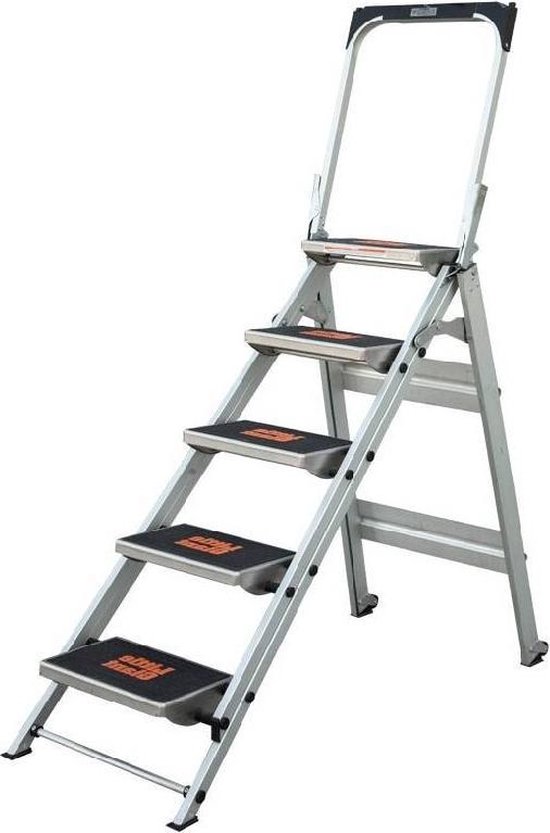 XinSunho 5-stage ladder, safety standing ladder, 5 steps foldable with storage space, wide position & handle, household ladder up to 300 kg, steel