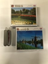 King - Legpuzzels Dutch Collection - Keukenhof, Beautiful Spring Garden + Windmills At Kinderdijk, Netherlands (2 x 1000 stuks) | 68 x 49 cm | inclusief unieke en praktische rode,