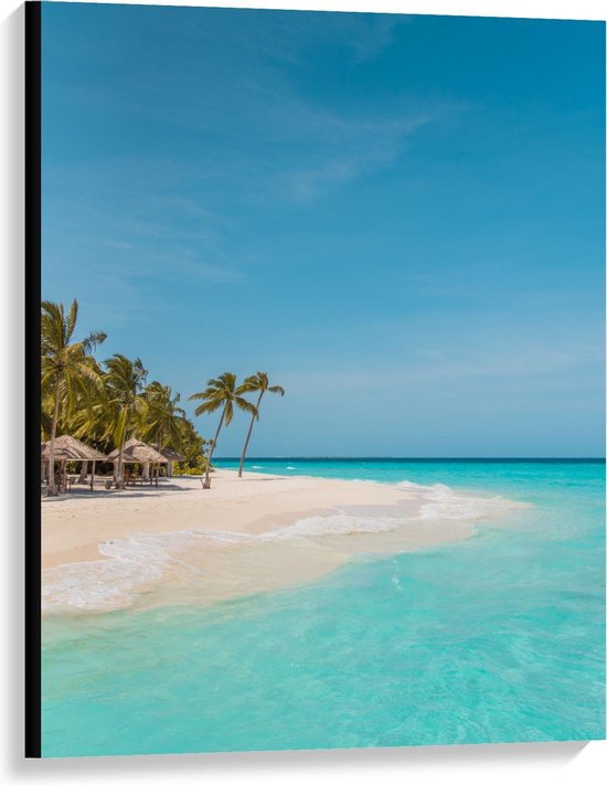 Canvas  - Tropisch Wit Strand met Blauwe Zee en Palmbomen - 75x100cm Foto op Canvas Schilderij (Wanddecoratie op Canvas)