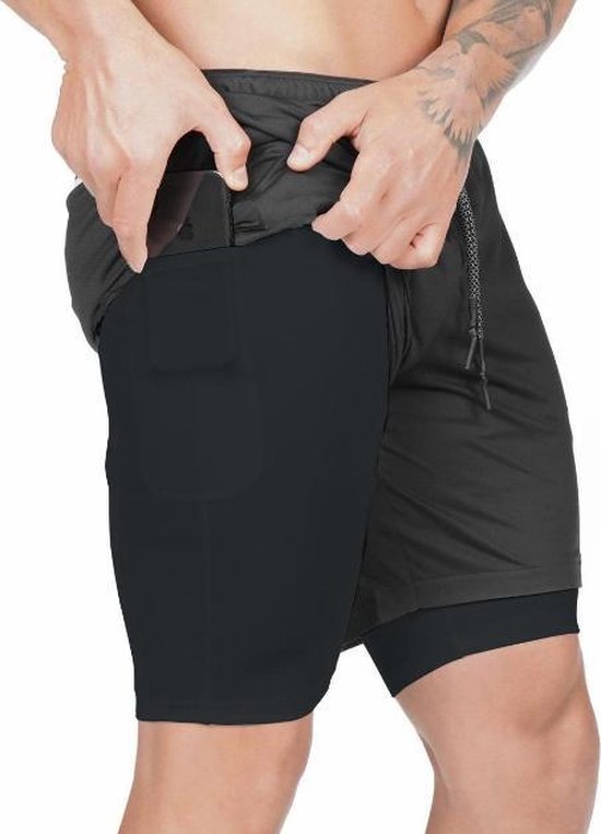 Pantalon de sport court 2 en 1 avec poche mobile pour hommes - Zwart - Taille XL (taille Klein)