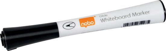 Witte whiteboardmarker met zwarte dop en zwarte punt, met het Nobo logo.
