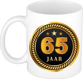 65 jaar jubileum/ verjaardag mok medaille/ embleem zwart goud - Cadeau beker verjaardag, jubileum, 65 jaar in dienst