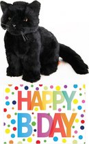 Cadeau setje pluche zwarte kat/poes knuffel 20 cm met grote A5 formaat Happy Birthday wenskaart