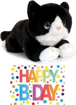 Cadeau setje pluche zwart/witte kat/poes knuffel 32 cm met grote A5 formaat Happy Birthday wenskaart
