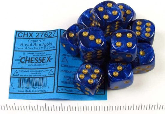 Afbeelding van het spel Set 12 6-zijdig, 16mm Scarab Royal Blue w/gold