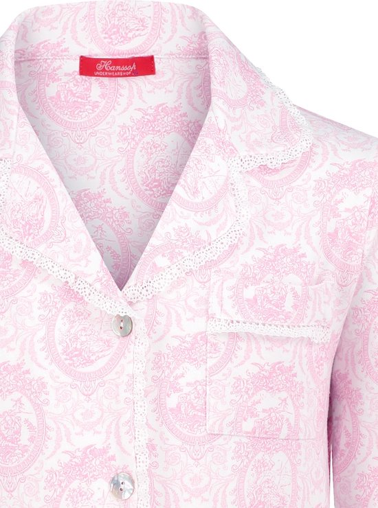 Exclusief Luxueus Kinder nachtkleding Luxe mooie zacht roze Girly Pyjama van Hanssop met verfijnde kant rand details en luxe kraag verwerking, Meisjes Pyjama, zacht roze bloem print, maat 116