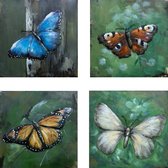 Schilderij - Metaalschilderij - Vlinders, set van 4 x 40x40cm. vierluik, met de hand geschilderd op metaal