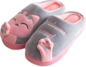 Geweo Home Sloffen - Open Sloffen - Dichte Sloffen - Koraal Fleece Pantoffels Dames - Leuk Katje - Kerstmis - Kerstfeest - Christmas Gift  - Grijs - Maat 35/36