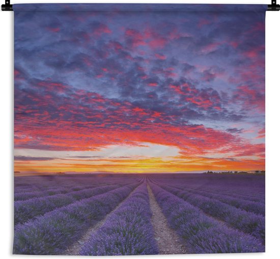 Wandkleed De lavendel - Lavendelveld onder zonsondergang Wandkleed katoen 90x90 cm - Wandtapijt met foto