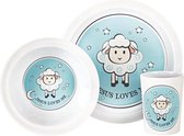 Melamine kinder servies Jesus loves me blauw